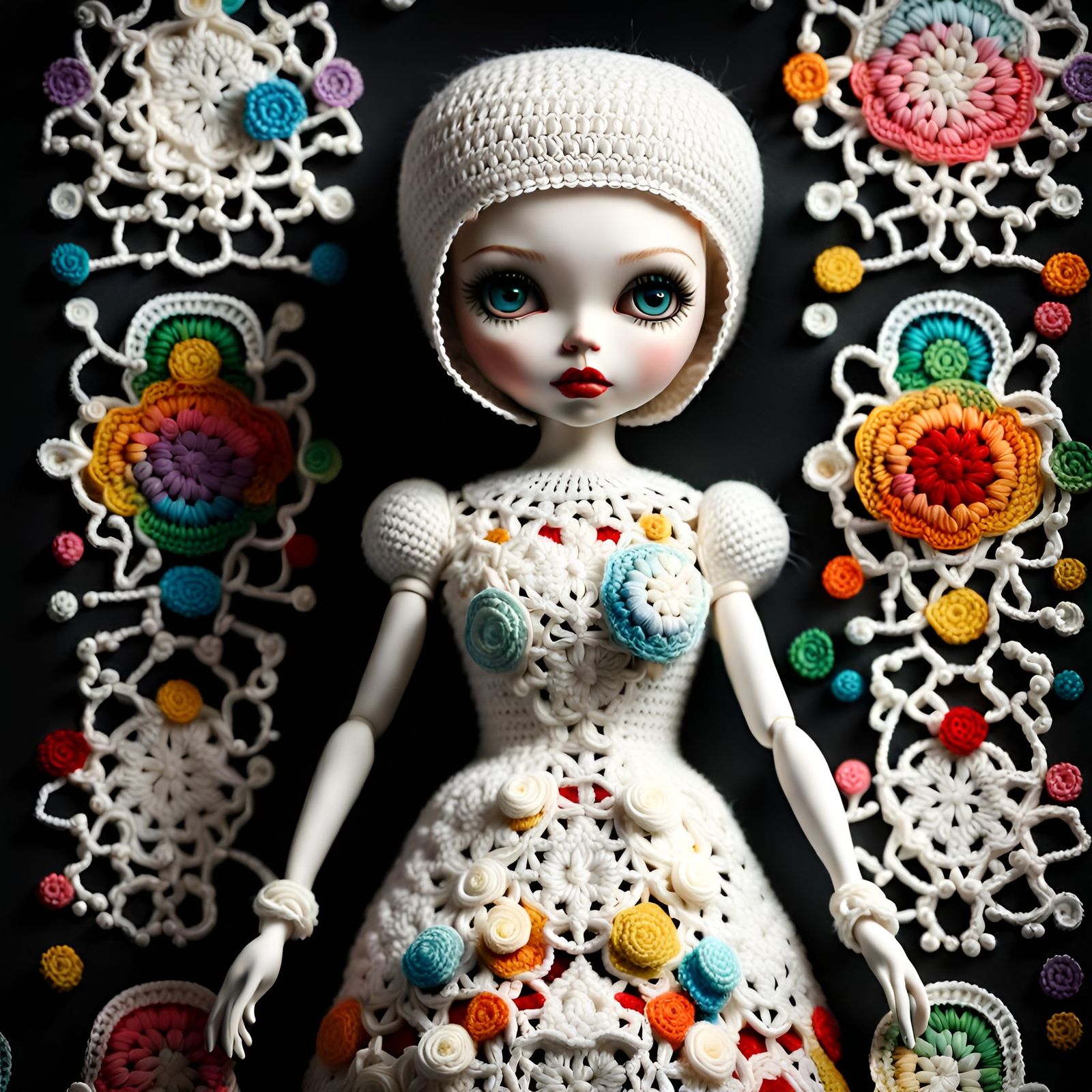 Beautiful Doll in White Crochet Dress Inspired by Mark Ryden