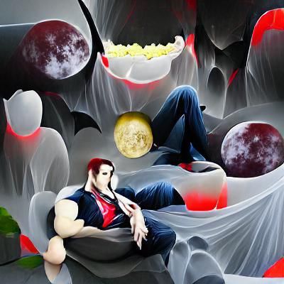 A handsome vampire man sitting on a bolder under the moons p...