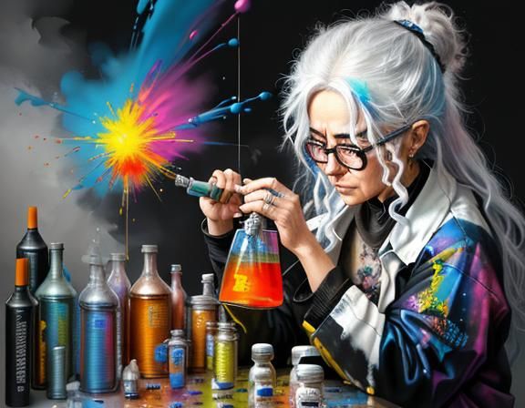 old woman scientist with white frizzy hair doing chemical ex...