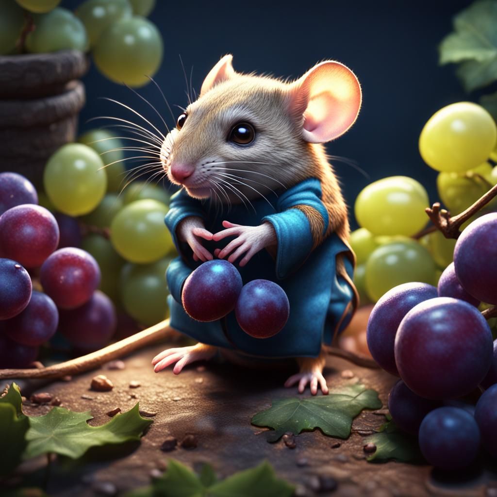 Cute little field mouse holding a grape