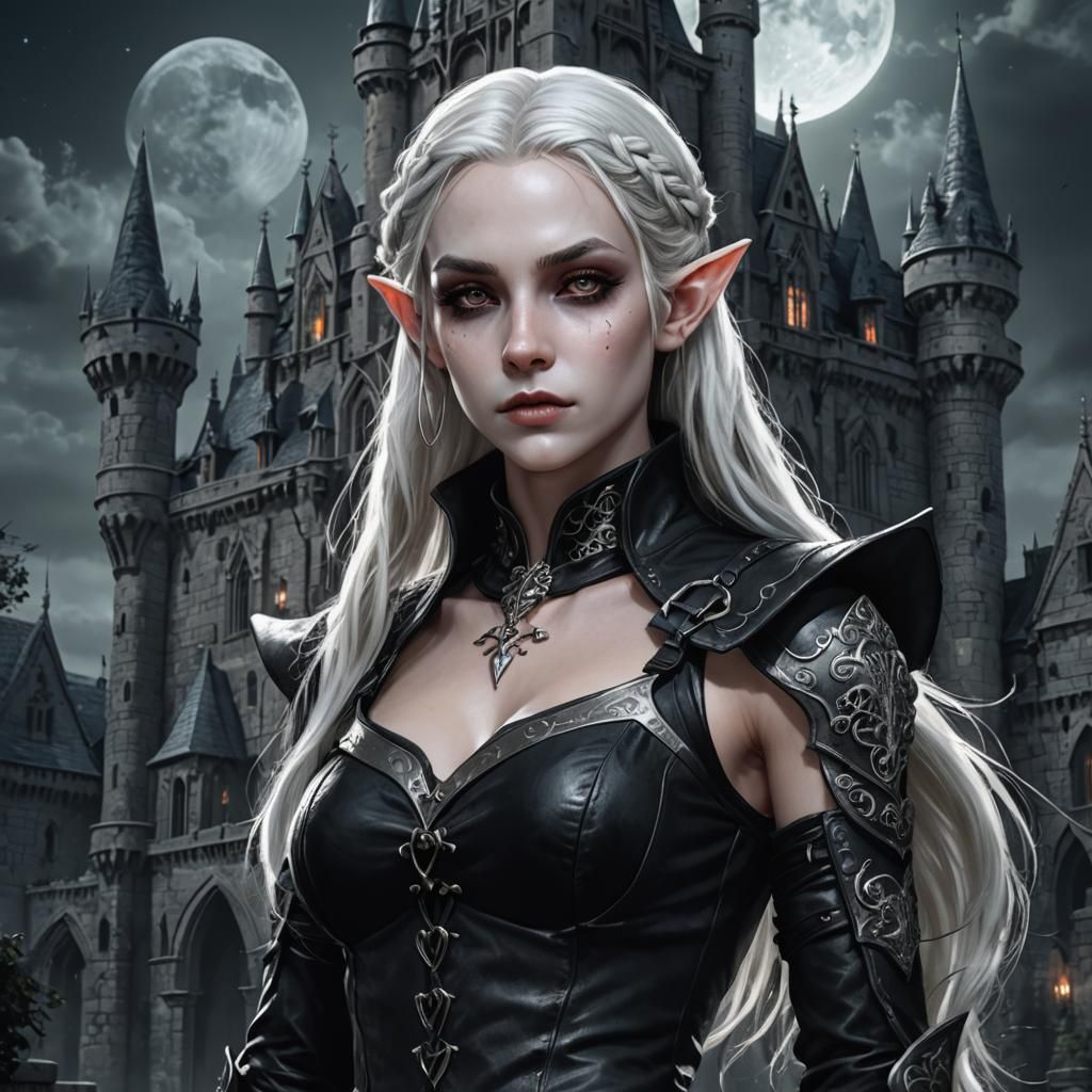 Fantasy digital artwork featuring a female elf character sta...