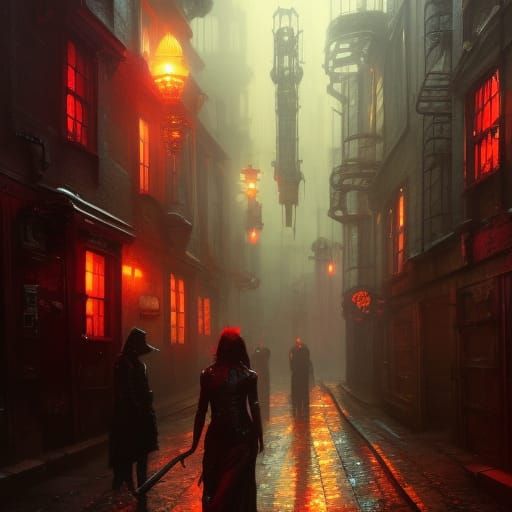Backstreet of steam punk red light district