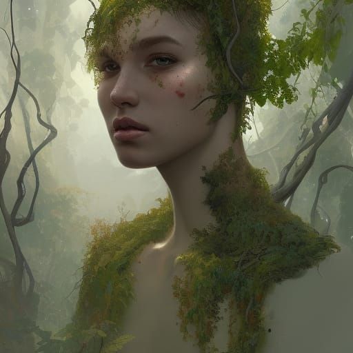 Overgrown city covered in vines and moss male