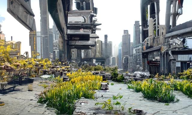 An ancient dystopian metropolis, surrounded by barren wastel...