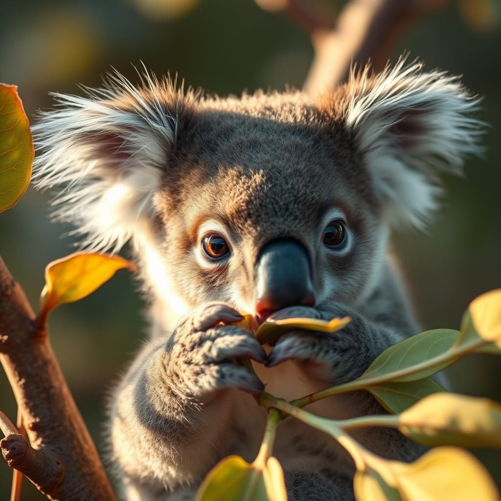 cute brown-eyed koala cub eating eucalyptus leaves
