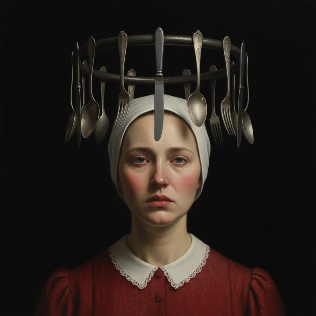 Gothic Portrait of Woman with Surreal Utensil Halo
