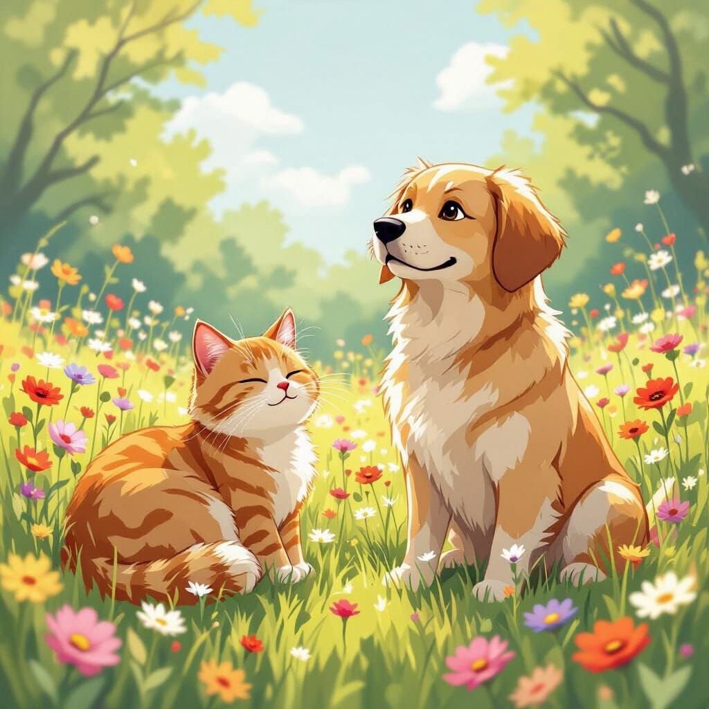 Cat and Dog in Sunlit Meadow, Miyazaki Inspired