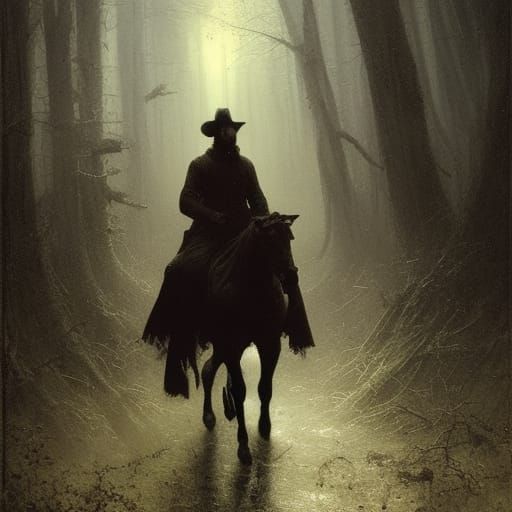 earl king, dark forest, father and son on horseback, haunted