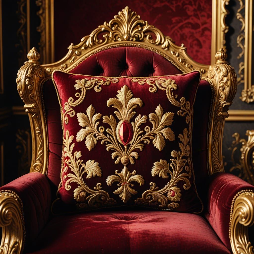 Golden Velvet Cushion on Royal Throne in Baroque Style