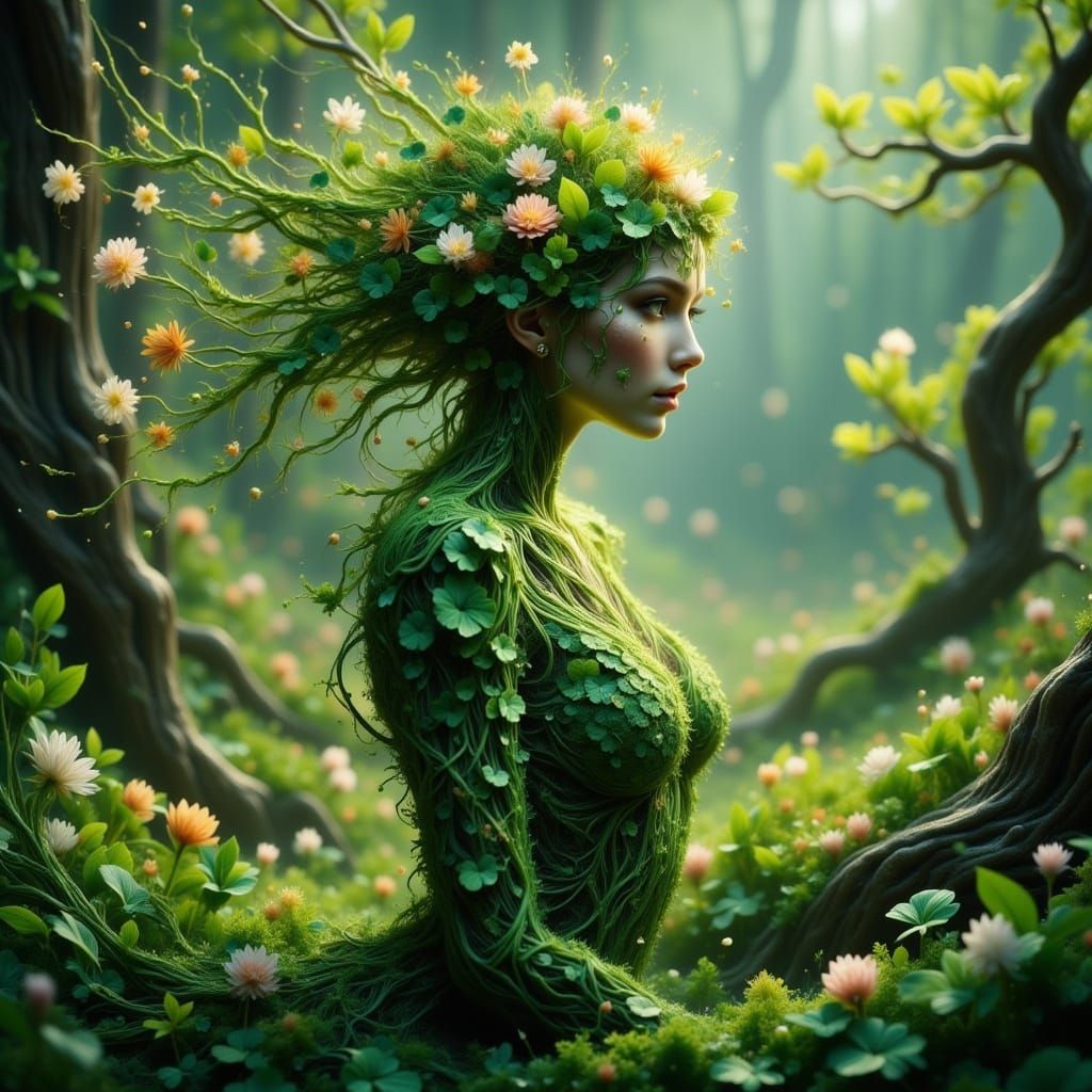 Ethereal Goddess of Nature in Emerald-Green Terraform