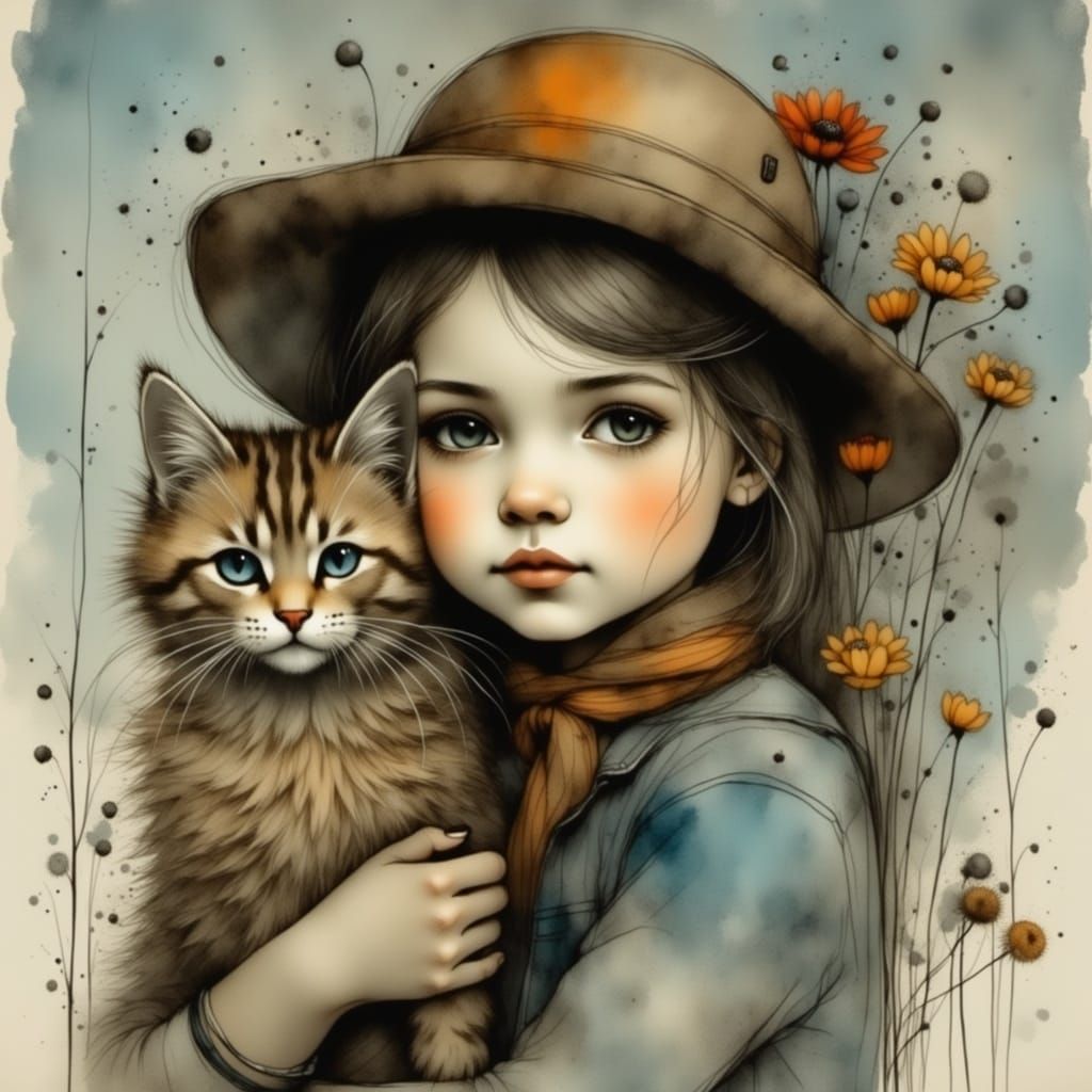 Hyperdetailed portrait of a cute girl with cute cat, by Luis Gabriel Pacheco and Jean-Baptiste Monge <lora:my charcoal world:1.0> 