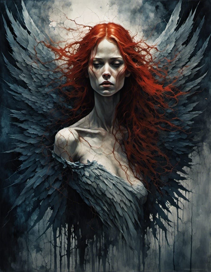 biohorror:: angel wings ripped off :long red hair::blue eyes:: night