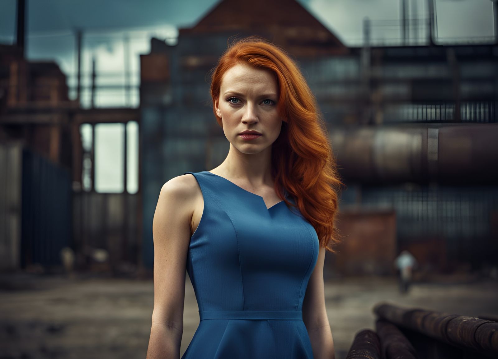 ginger-hair model with freckles in an azure pencil-dress