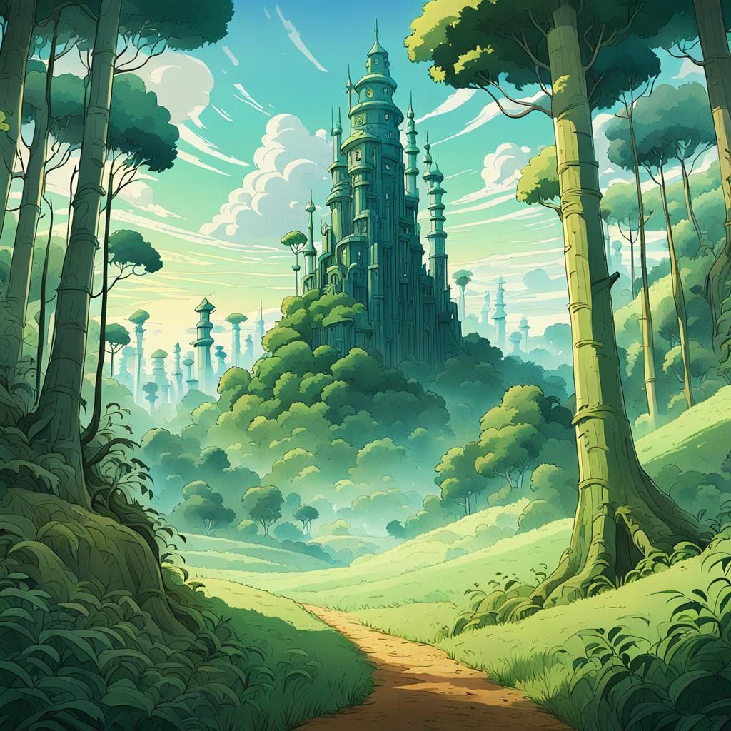 Lush Cartoon Landscape in Studio Ghibli Style
