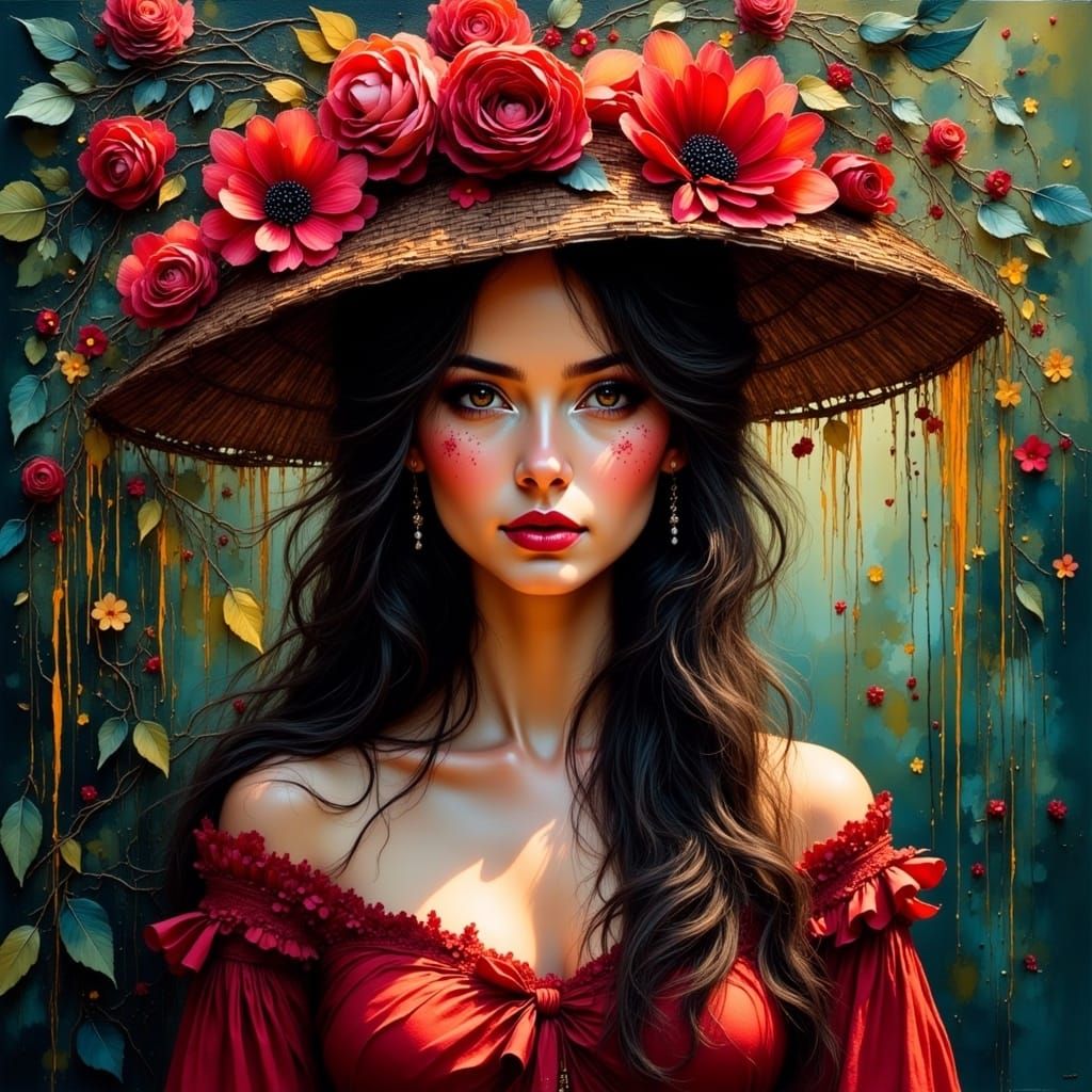 <lora:LightsCameraActionV2:1.0> oil impasto and inkdrip painting of a beautiful woman wearing a crimson floral headdress, impasto long hair....