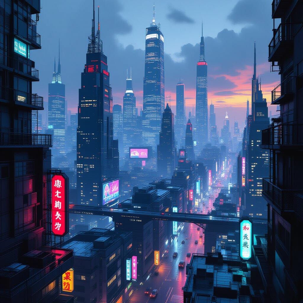 Futuristic Metropolis in Dystopian Cyberpunk Style