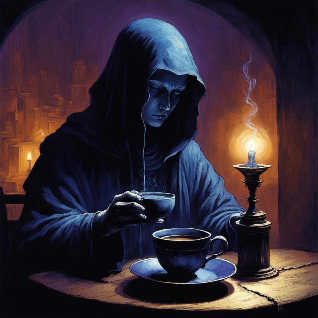 Dark fantasy concept art. A lone völva, cloaked and mysterious, sits at a small, rickety table in a dimly lit, enchanted café. Her coffee cu...