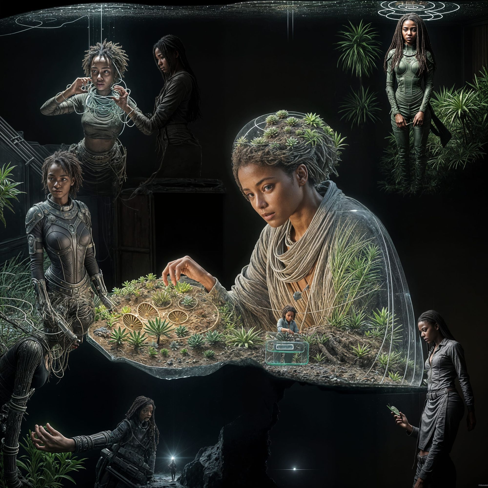 Photorealistic. A lone West African female sistah with lochs botanist tending to a bioluminescent succulent plant in a vast, abandoned futur...