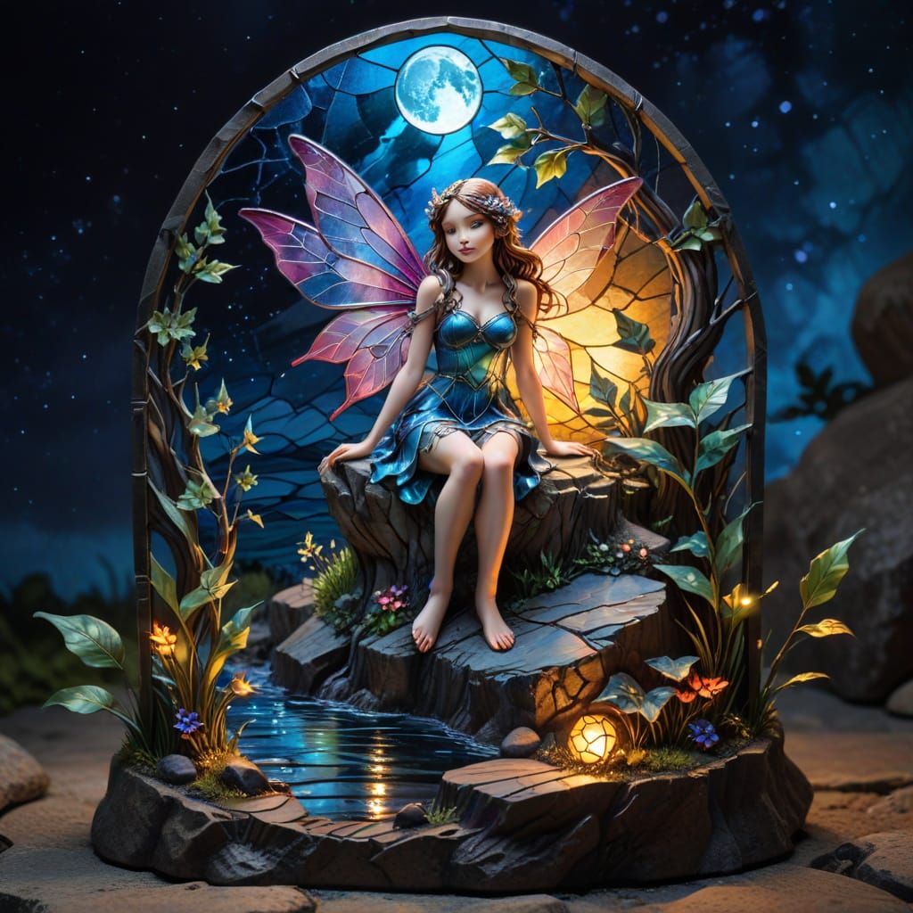 Stained glass window of a Fairy in the moonlight  by @Raven970
