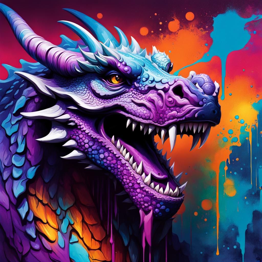 Dragon head contemplating his adversary purple and blue colo...