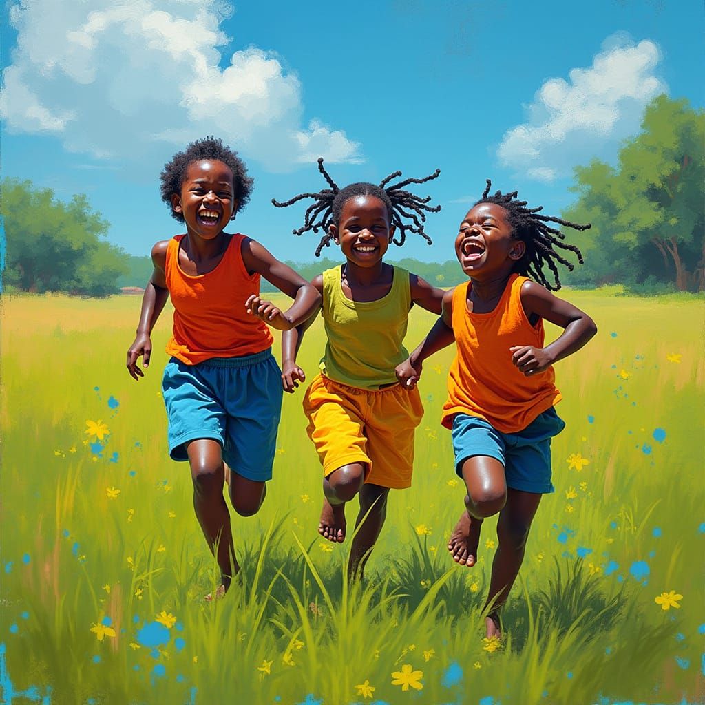 A vibrant and energetic painting of a group of African kids ...