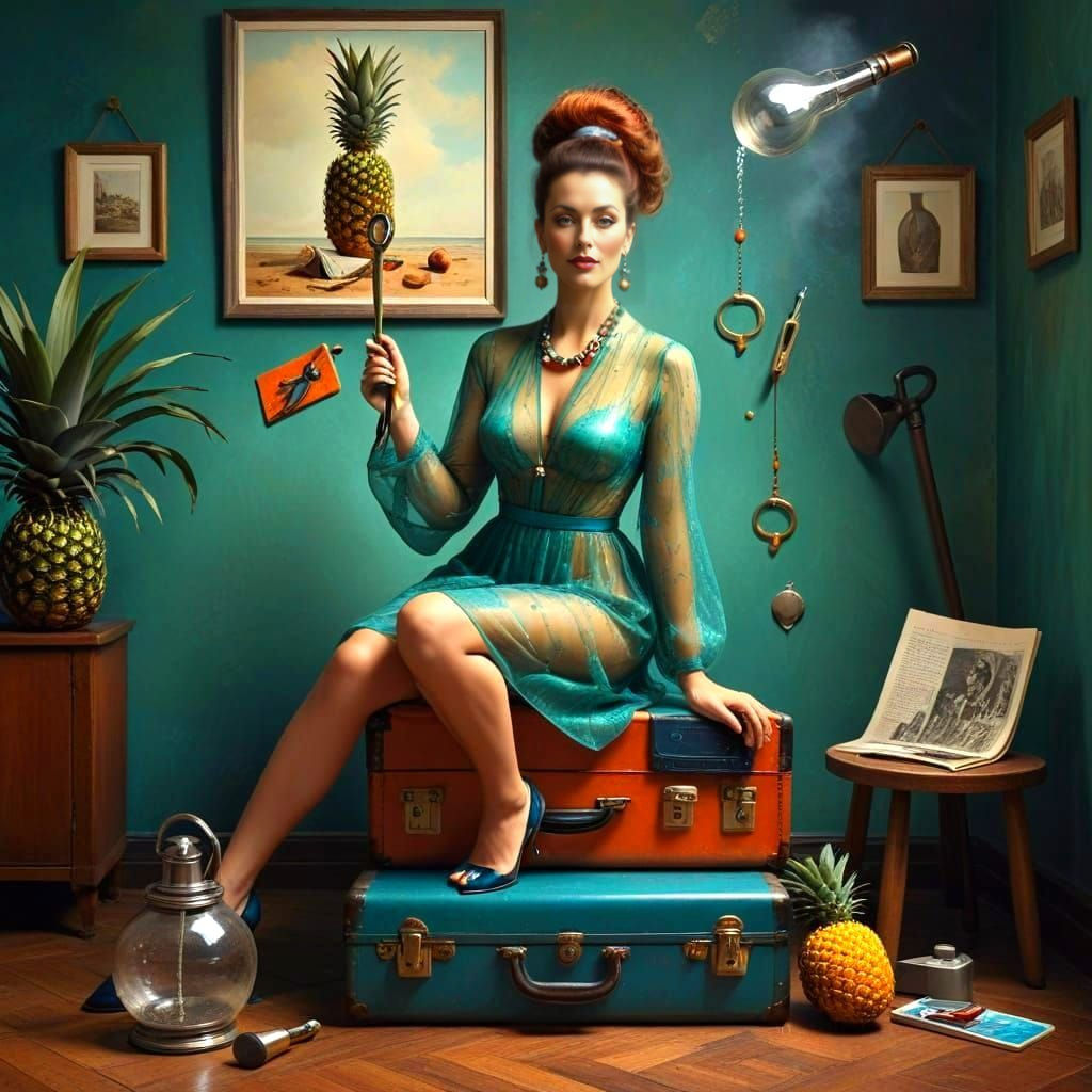 Eccentric Lady in Surreal Landscape, Photorealistic Style