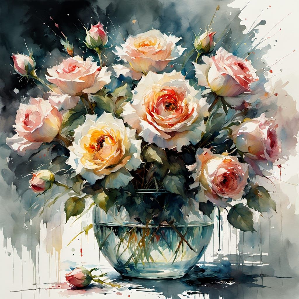 watercolor of  a beautiful bouquet of roses  by @Mapont