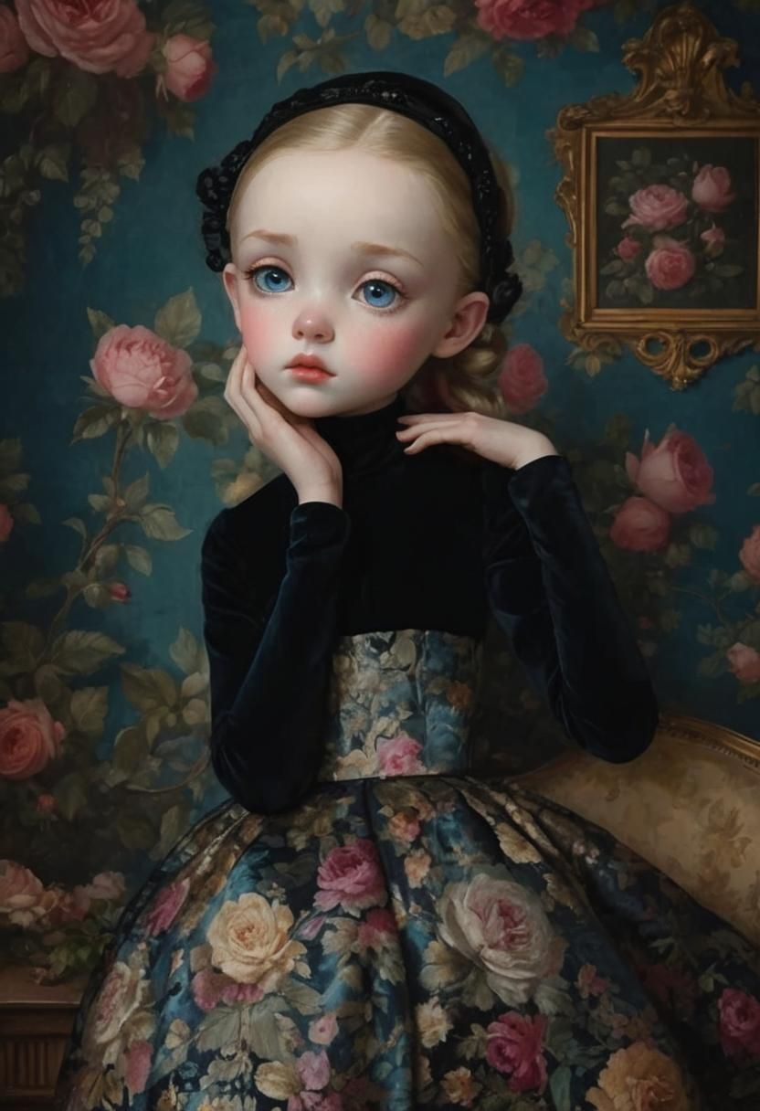 Girl with roses on wallpaper background