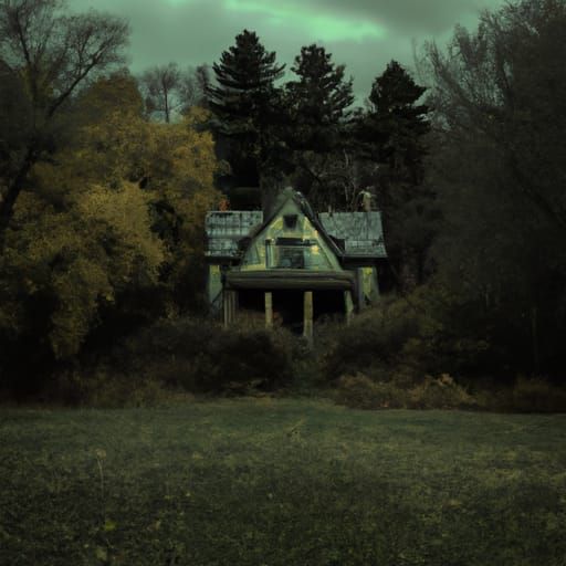creepy house in the woods, surounded by a big graveyard