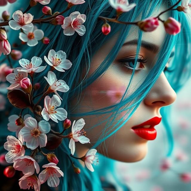 double exposure blossoms and tree branches with glitch data ...