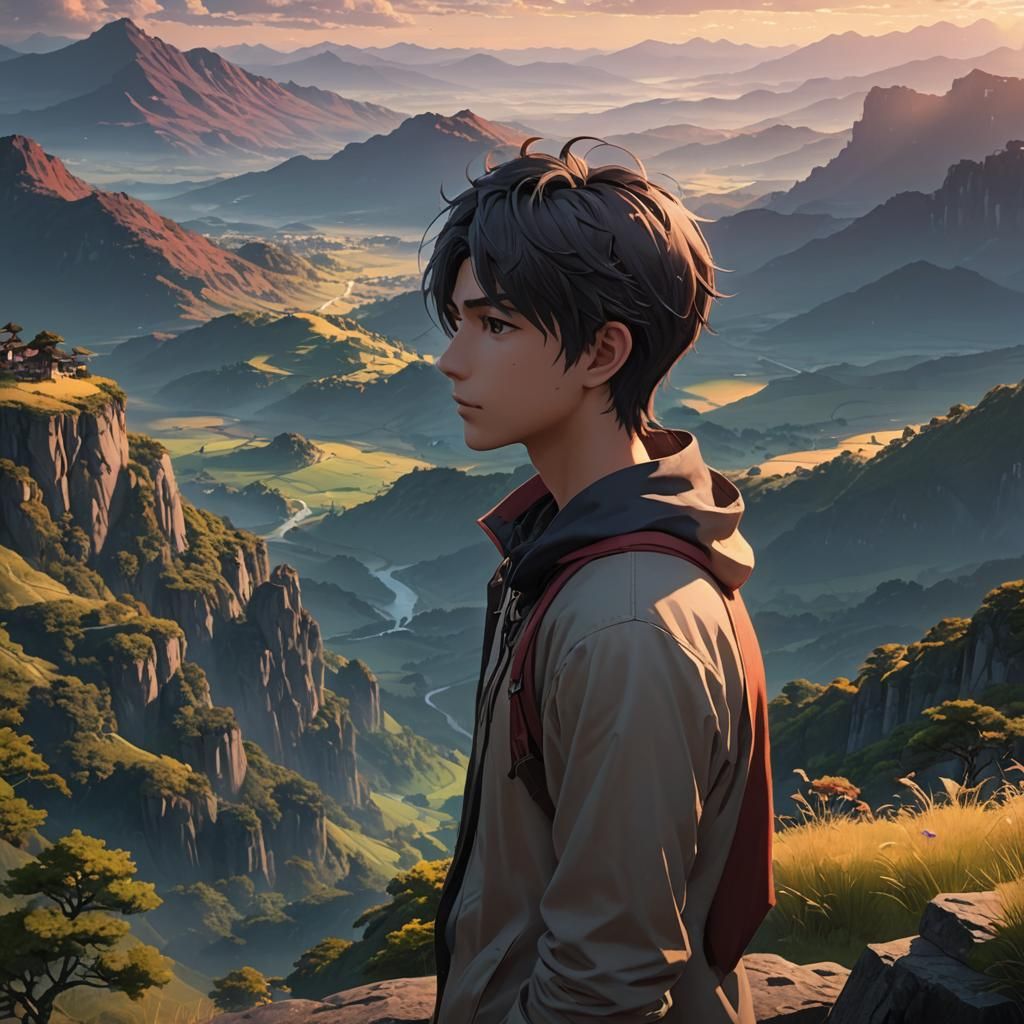 Anime Style Young Man Gazing at Landscape