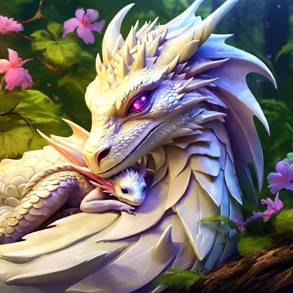 A dragon cozying with her hatchling
