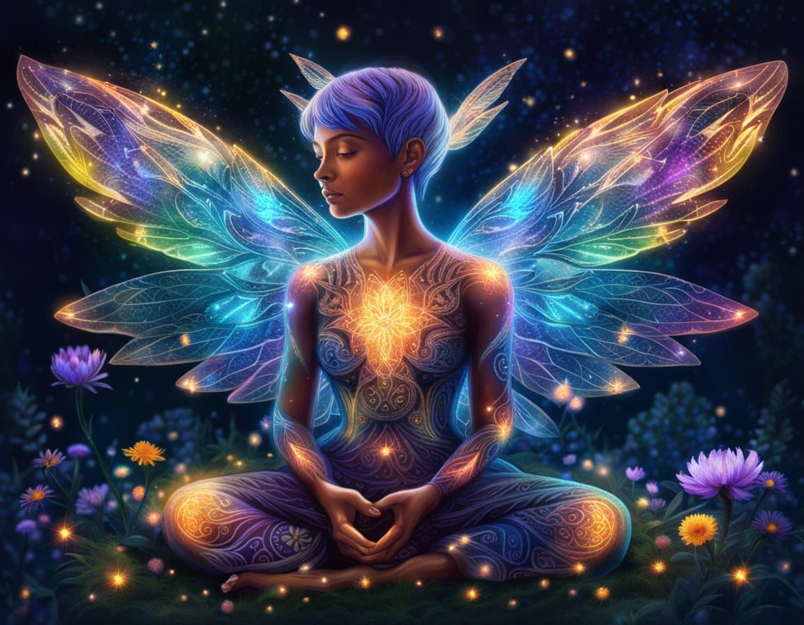 full portrait of a meditating pixie-cut female figure with s...