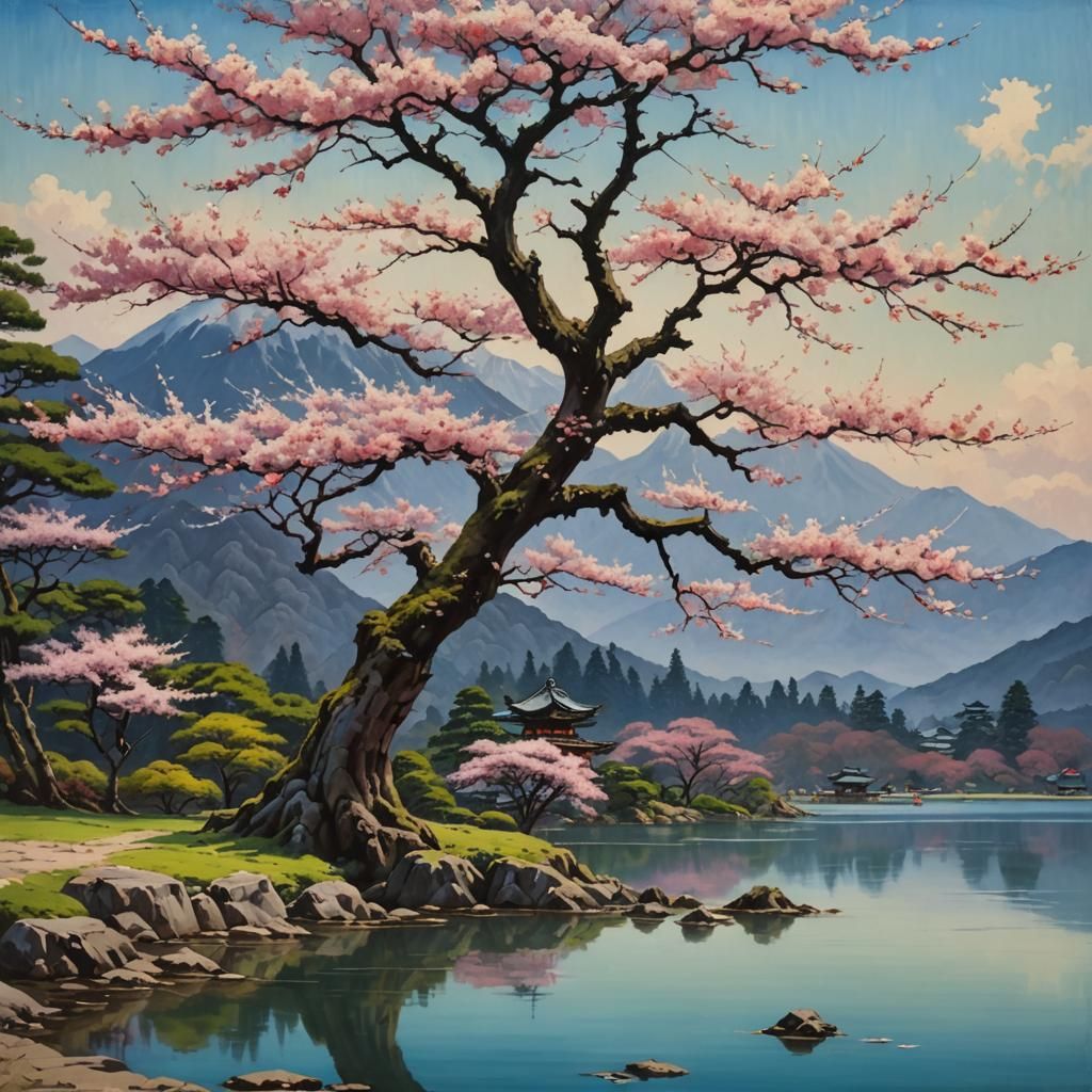 A beautiful ancient sakura tree in front of a lake.