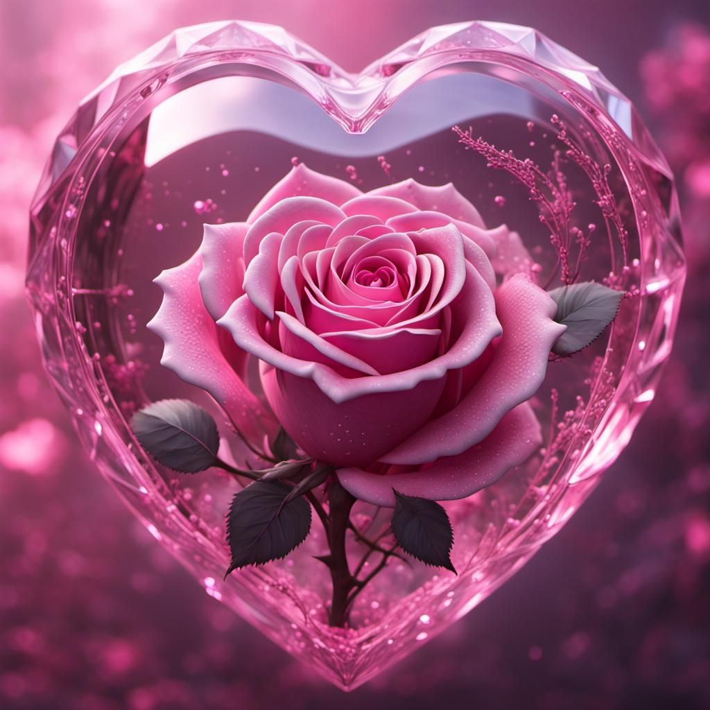 pink rose in a pink coloured crystal heart - AI Generated Artwork ...