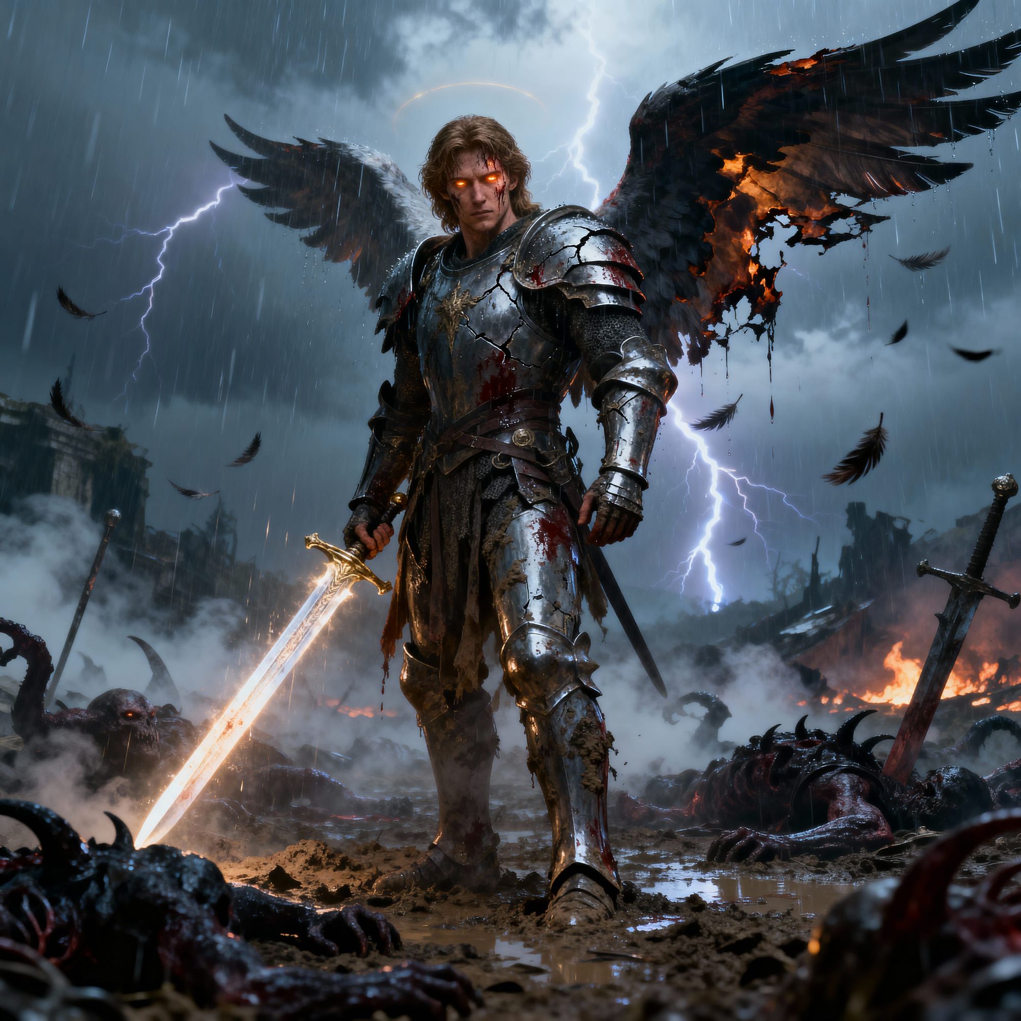 A mighty angel, wounded but victorious, stands amid the aftermath of a fierce battle against demons. His gleaming armor is cracked and splat...