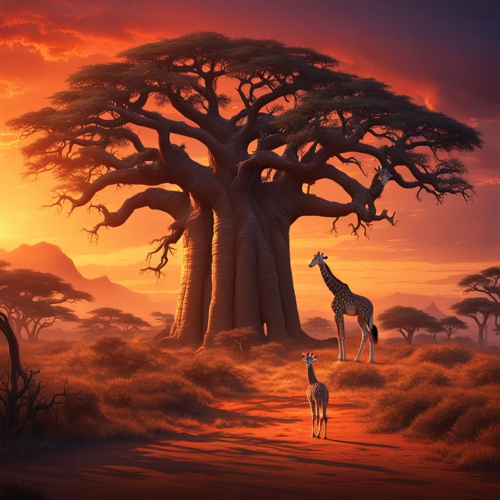 sunset in Africa, big baobab tree in the middle, dramatic color