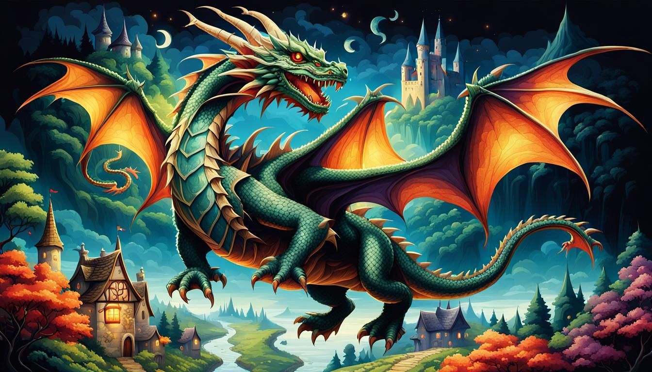 Illumination, fantasy world where dragons  coexist harmoniously with village folk  by @Patrick Francart