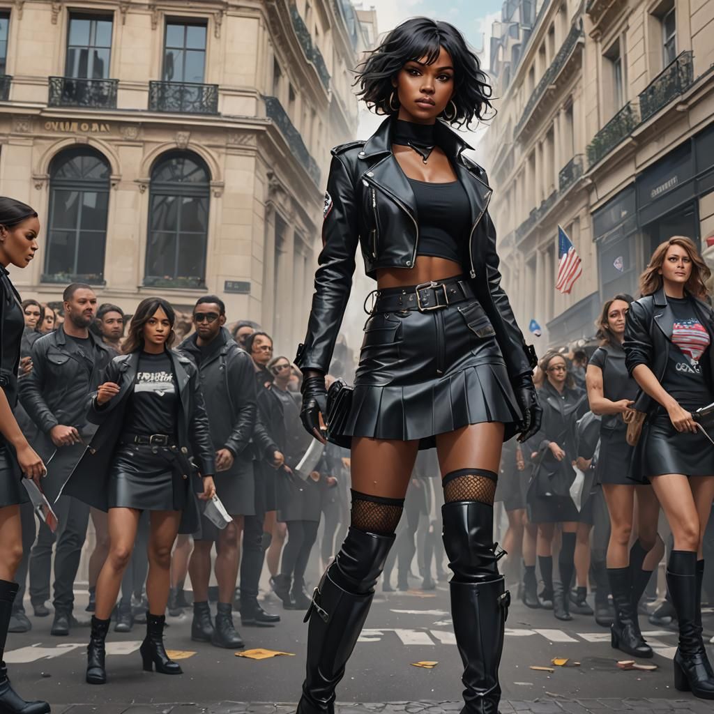 Stunna Girl dressed in black leather, very short skirt, fishnets and knee boots leads a protest against the American Emb...