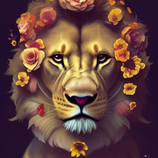 Lion in flowers AI Generated Artwork NightCafe Creator