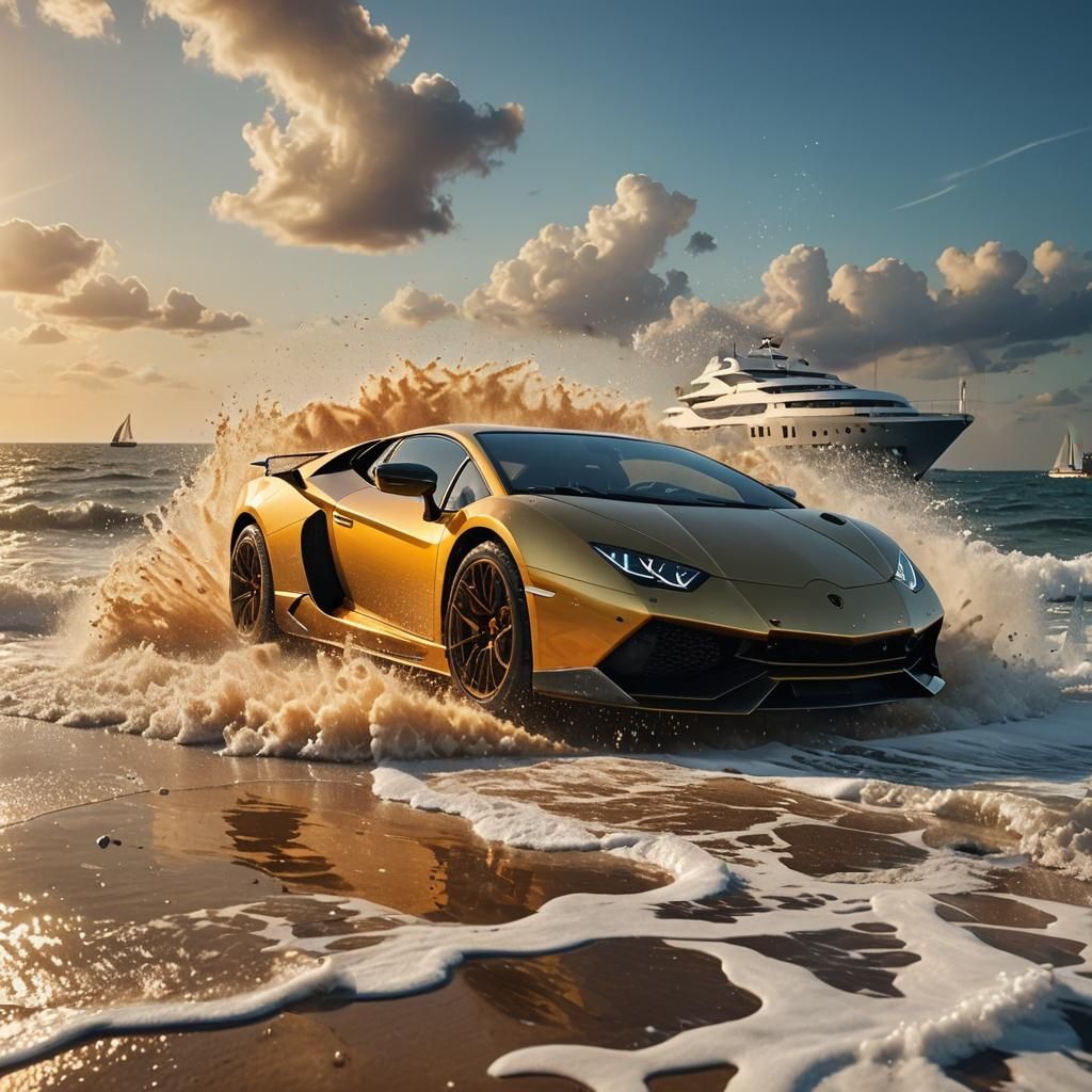 Lamborghini Races Along Beach at Sunset: Digital Art