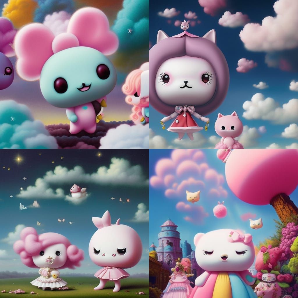 sanrio characters in rococo dress floating in cotton candy c...