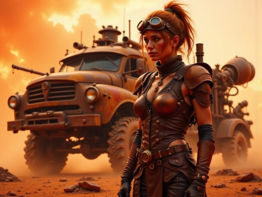 <lora:Mad-Max:1.0> A weathered, steampunk female warrior, clad in worn, distressed leather armor, goggles perched atop her tousled hair, sta...
