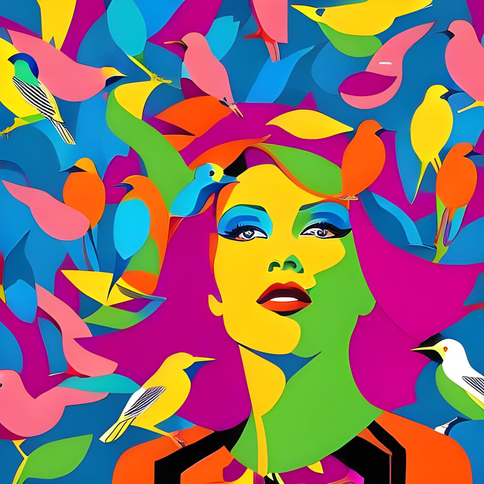 Photo in pop art style, portrait of a beautiful woman surrou...