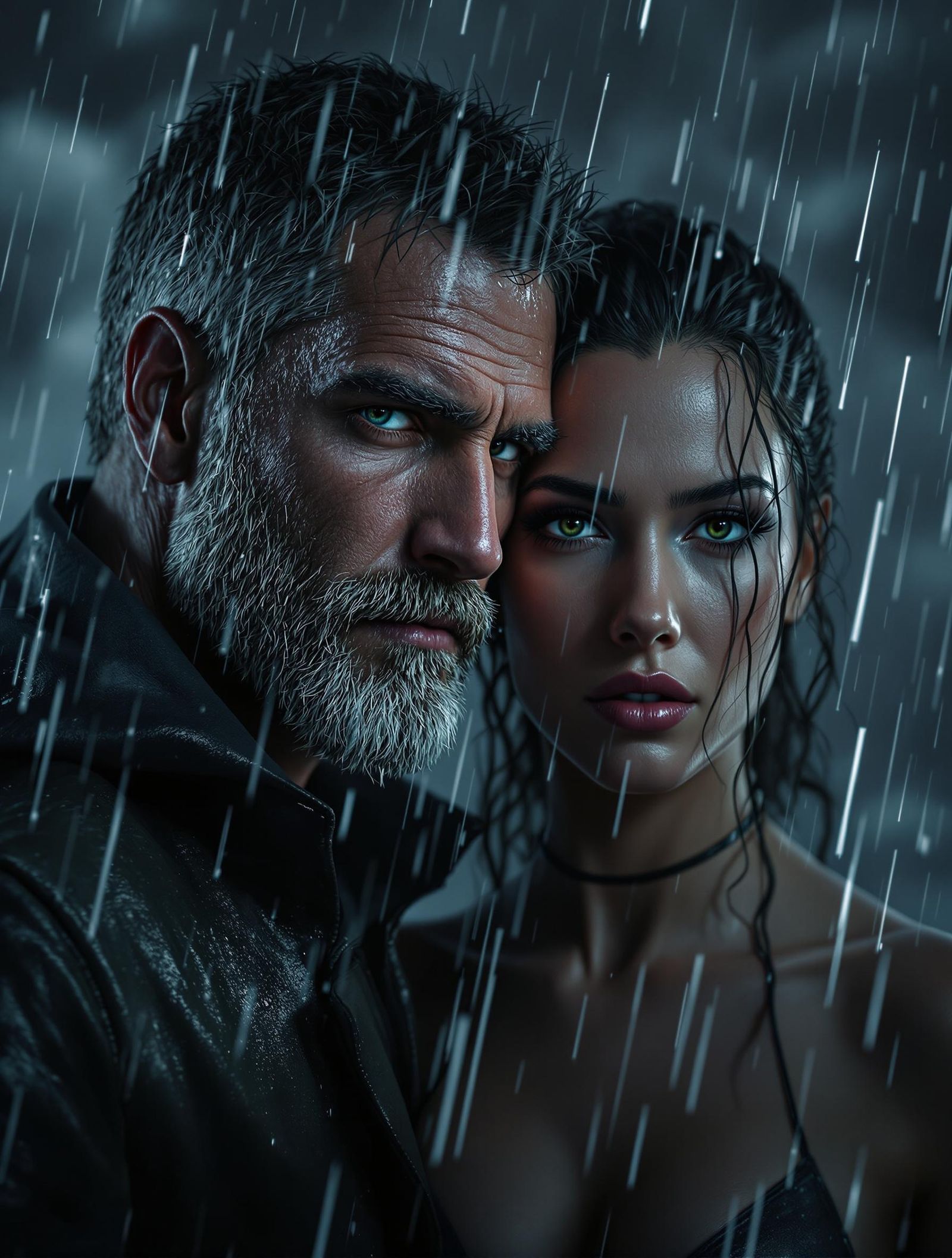 A resilient man and woman stand together, rain-soaked and wi...