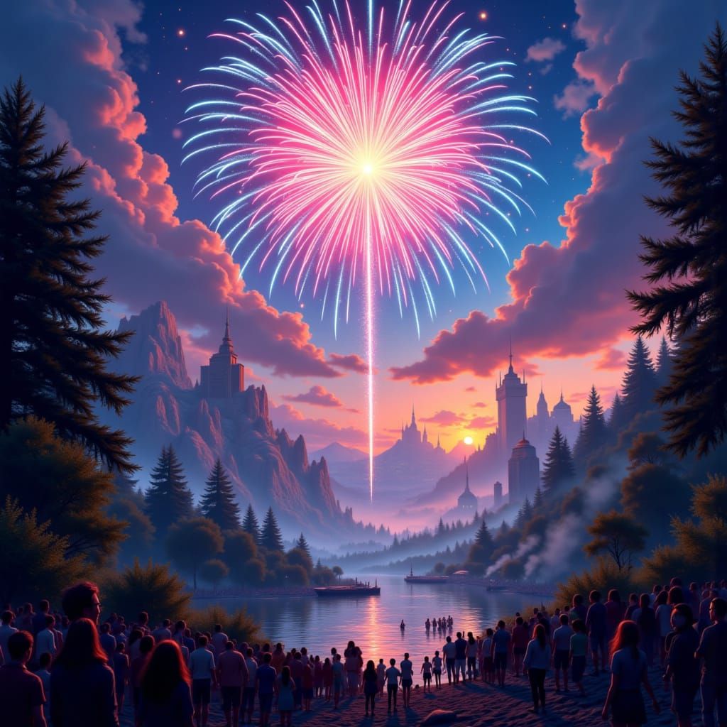 <lora:Firework Spectacular:1.0> for world peace detailed matte painting, deep color, fantastical, intricate detail, splash screen, complemen...