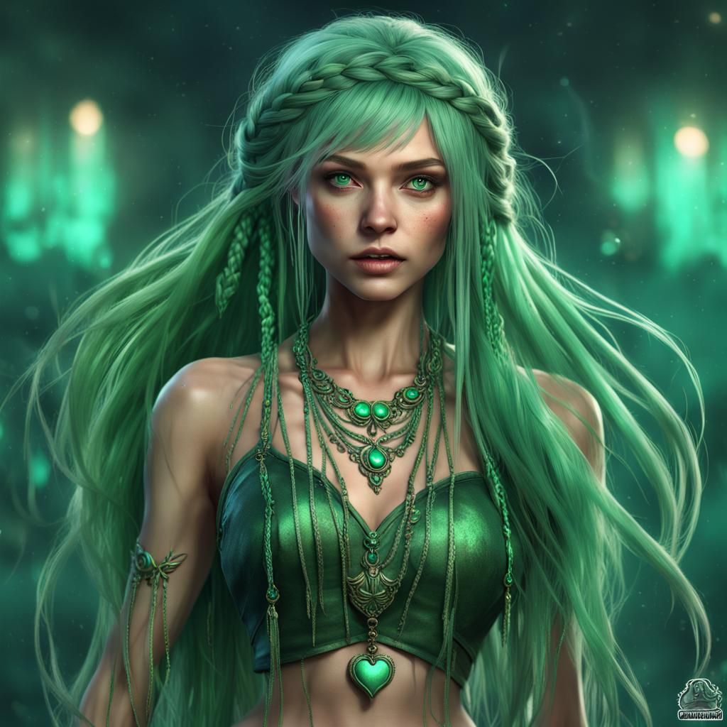 Bryrone Female with bangs with long strands around her face and two long loose braids her hair color mint to green fade ...