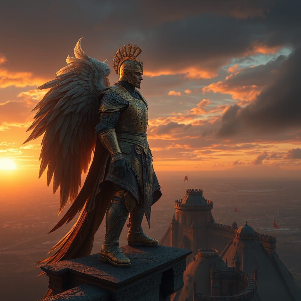 Golden Warrior Prince Overlooks Mystical Realm