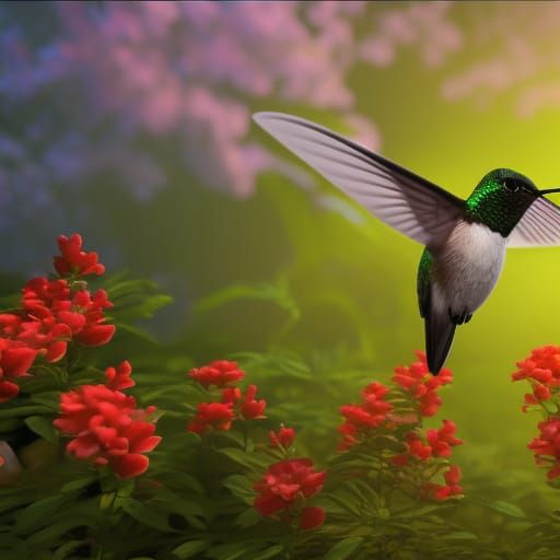 Graceful 3D hummingbird around a flower garden, Dramatic, moody ...