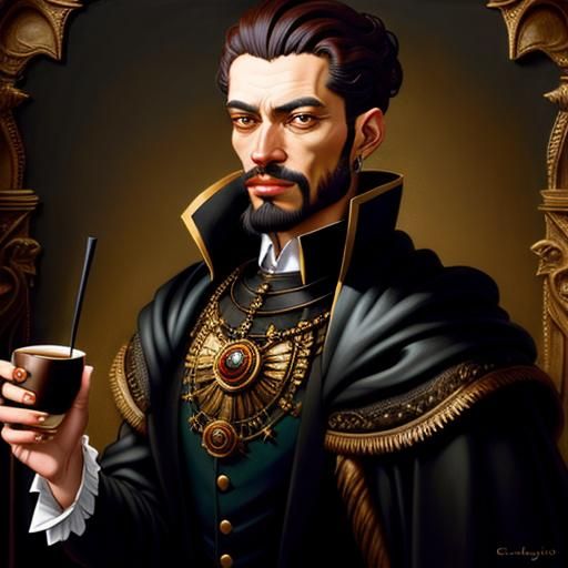 Hyperdetailed Oil Gouache, dapper benevolent (Jotun:1.2) barista, Mount Olympus, Tjalf Sparnaay, Caravaggio, Chris Leib 